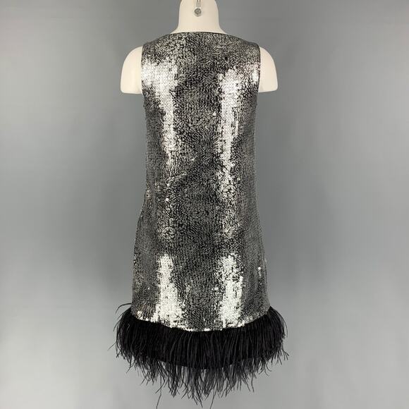 BADGLEY MISCHKA S Silver & Black Polyester Sequined Ostrich Feathers Dress - Picture 4 of 6